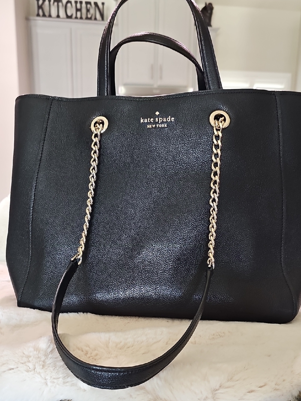 kate spade Black Leather Tote with Gold Chain Straps